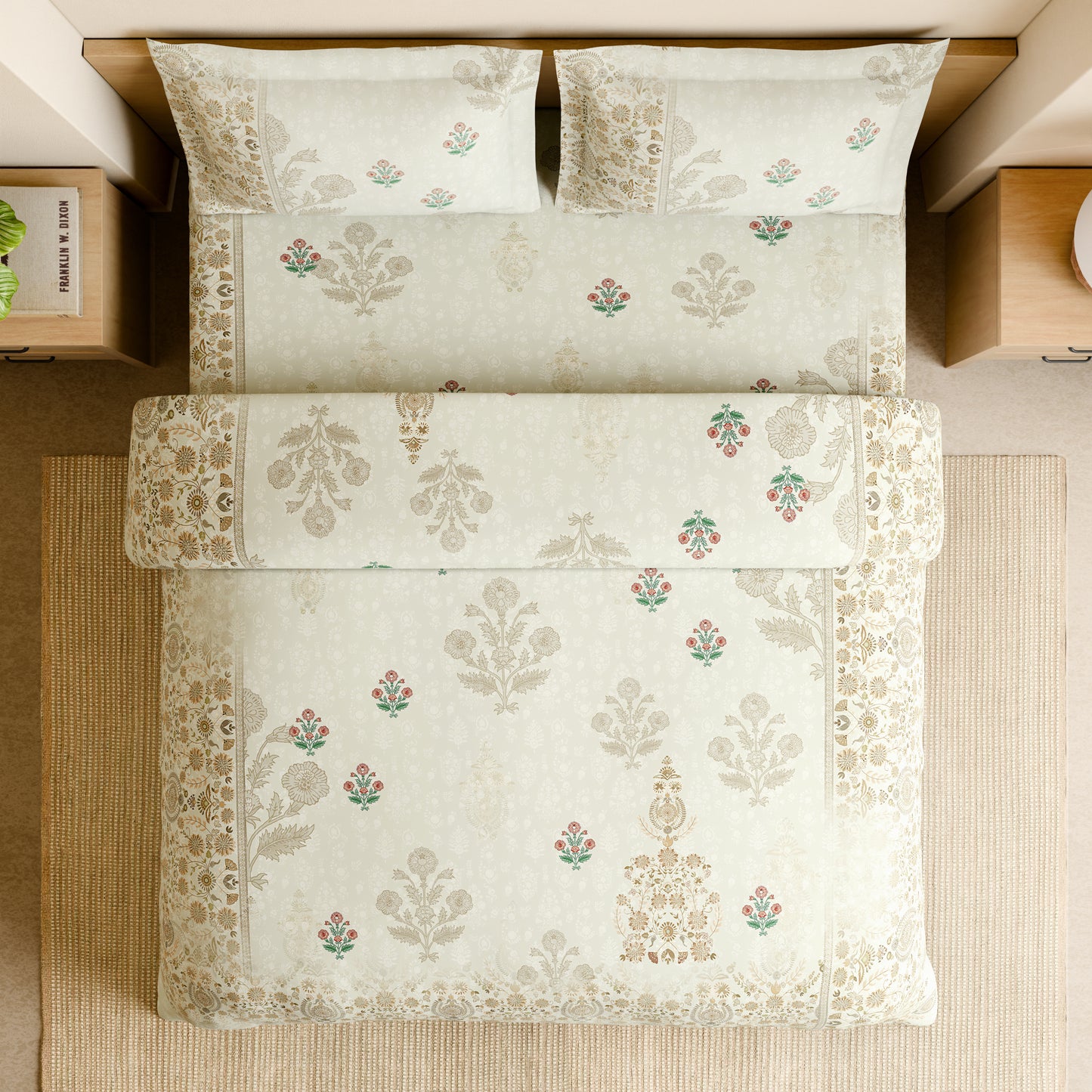 Rangana Shubha, 100% Cotton Large Bedsheet, 300 TC, Floral, Star White