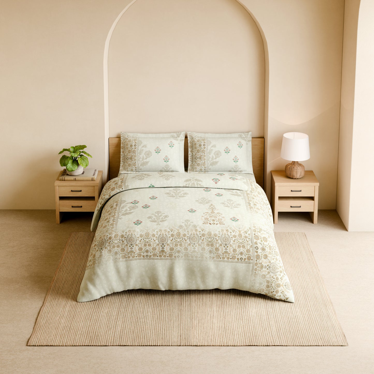 Rangana Shubha, 100% Cotton Large Bedsheet, 300 TC, Floral, Star White