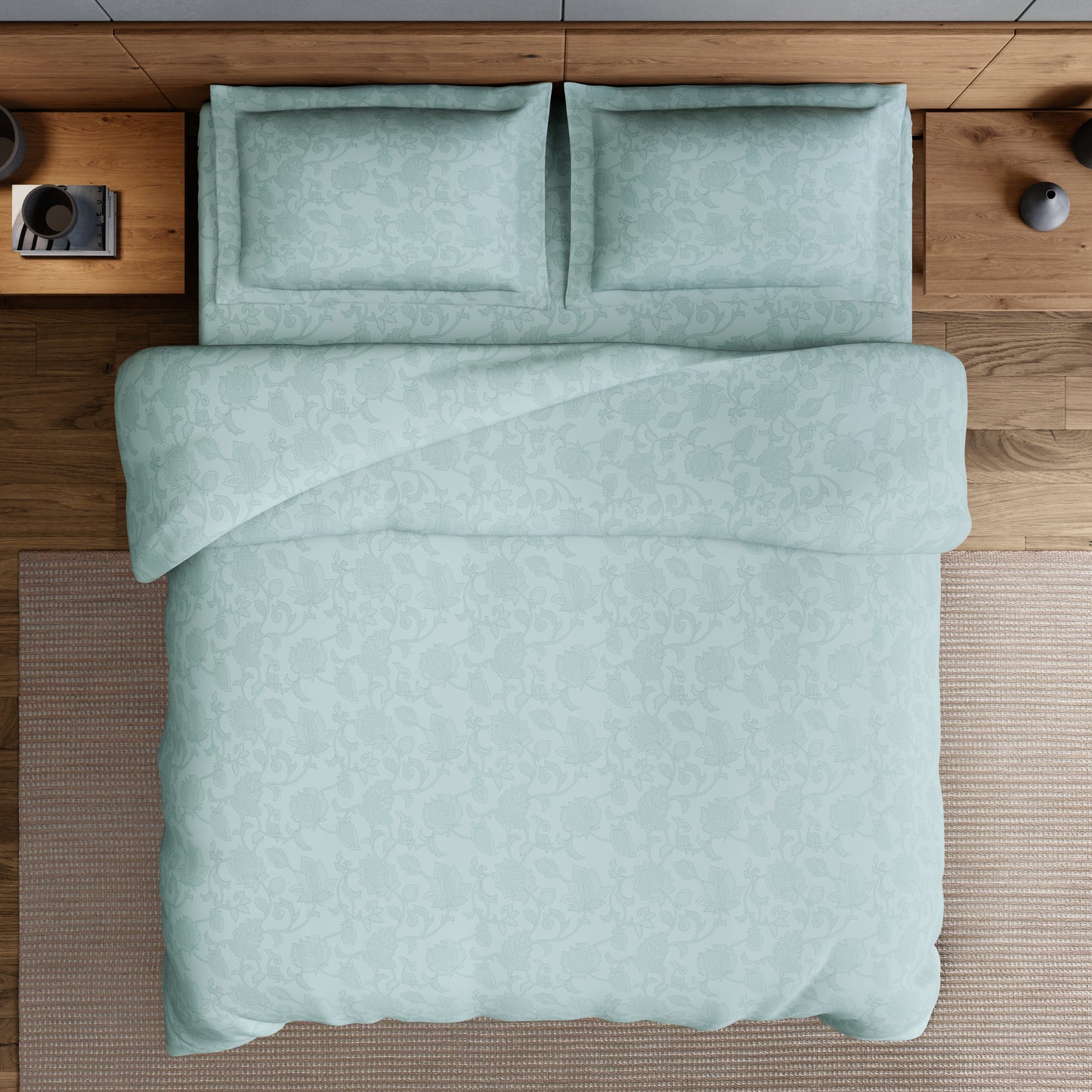 Elegance 100% Cotton Large Bedsheet, 300 TC, Floral, Light Blue