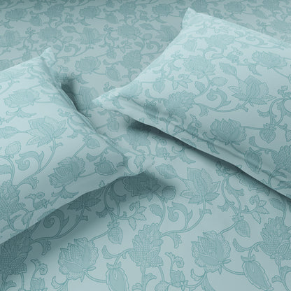 Elegance 100% Cotton Large Bedsheet, 300 TC, Floral, Light Blue