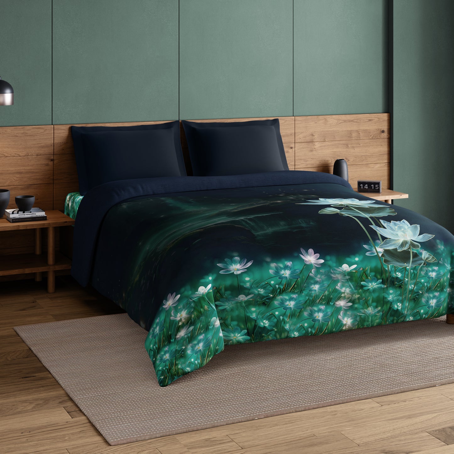 Elegance Noir 100% Cotton Double Quilt, 210TC, Floral, Dark Blue