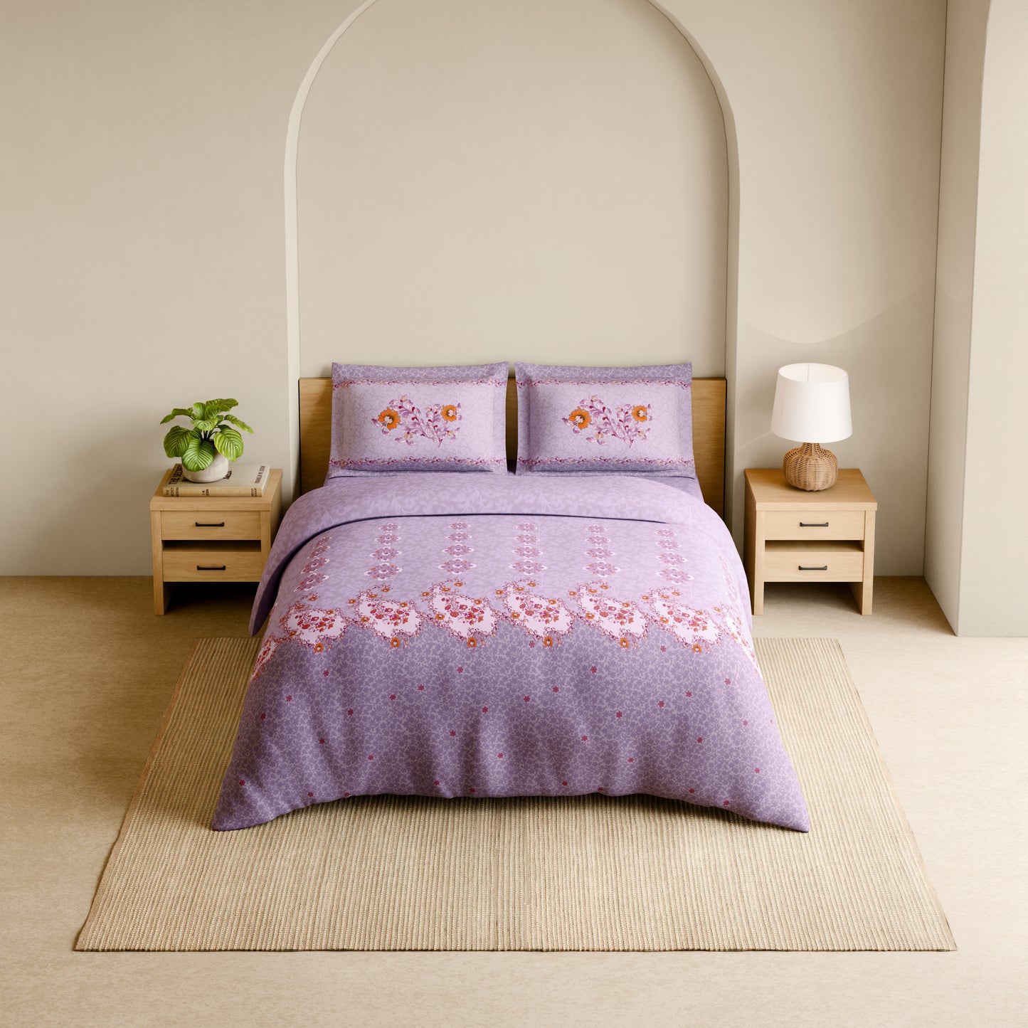 Rangana Shubha, 100% Cotton Large Bedsheet, 300 TC, Floral, Lavender Fogg