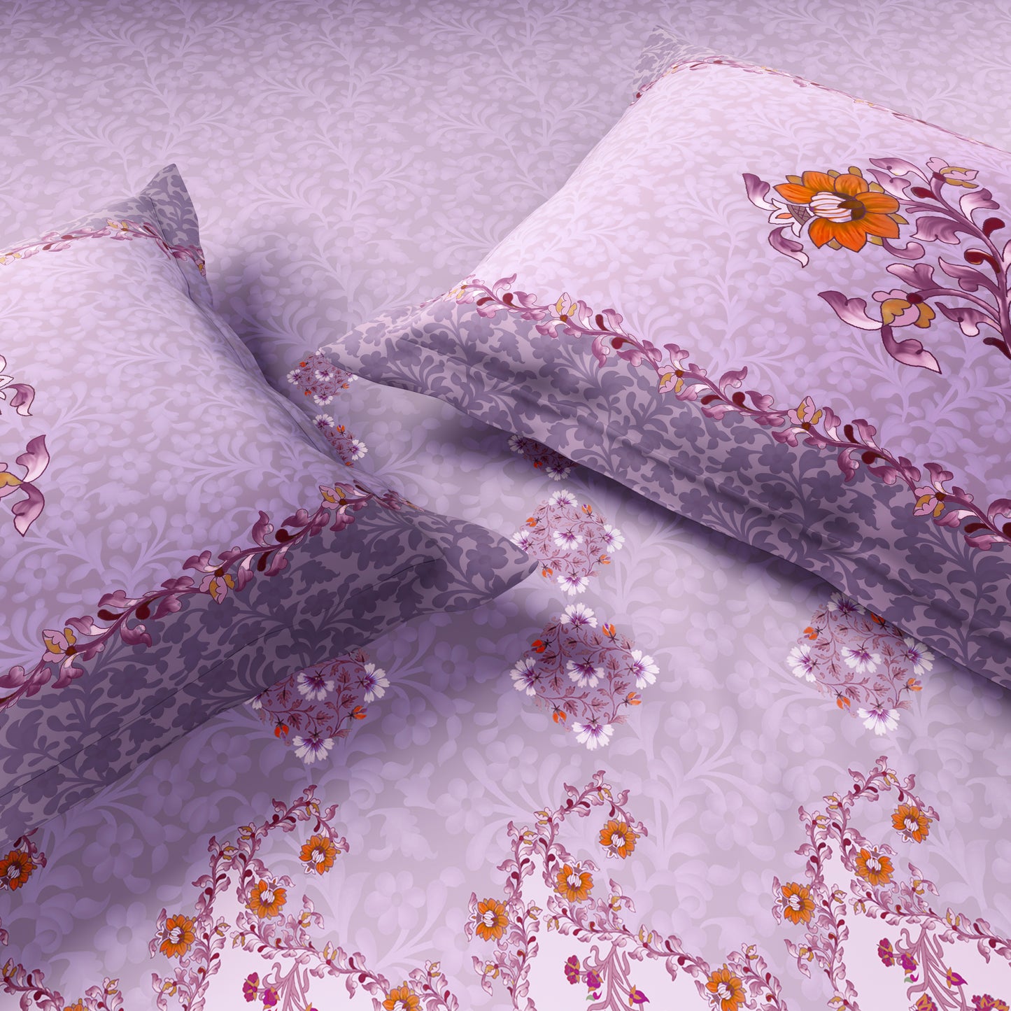 Rangana Shubha, 100% Cotton Large Bedsheet, 300 TC, Floral, Lavender Fogg