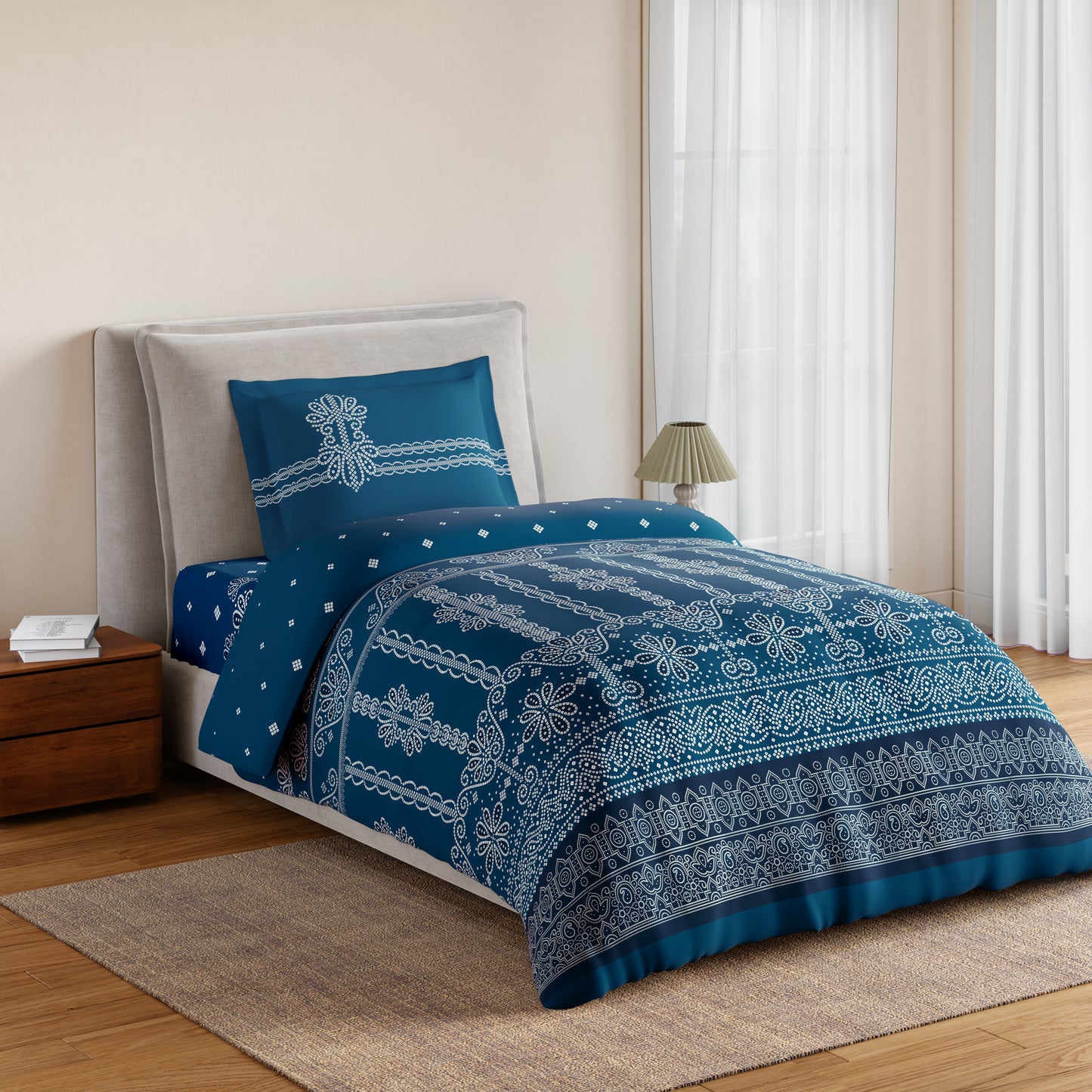 Essentials 100% Cotton Single Bedsheet, 144 TC, Ornate, Dark Teal