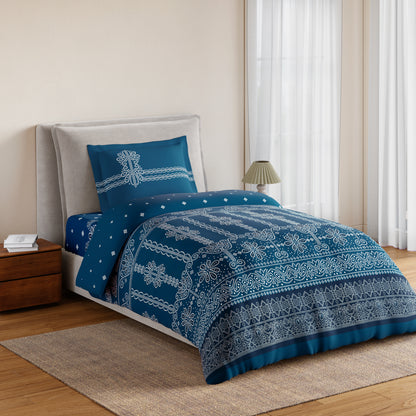 Essentials 100% Cotton Single Bedsheet, 144 TC, Ornate, Dark Teal