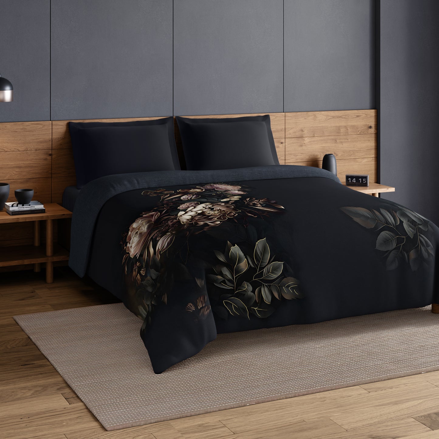 Elegance Noir 100% Cotton Double Quilt, 210TC, Floral, Dark Blue
