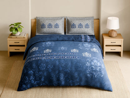Shubha 100% Cotton Large Bedsheet, 300 TC, Floral, Lichen Blue