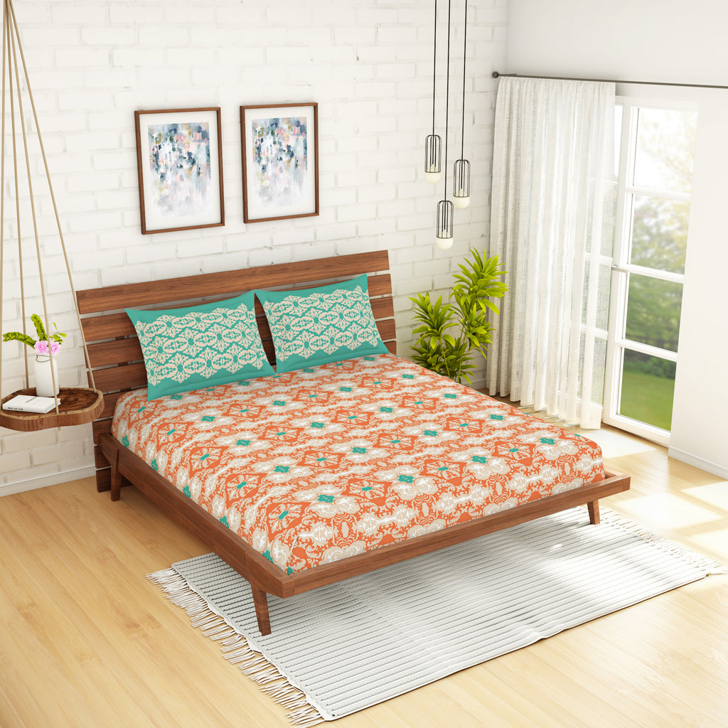 Ornate Orange 100% Cotton King Fitted Sheet-Atrium Plus By Spaces