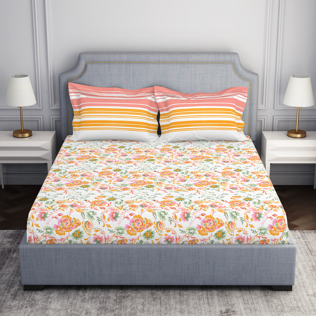 Floral Coral 100% Cotton Double Bedsheet - Atrium By Spaces