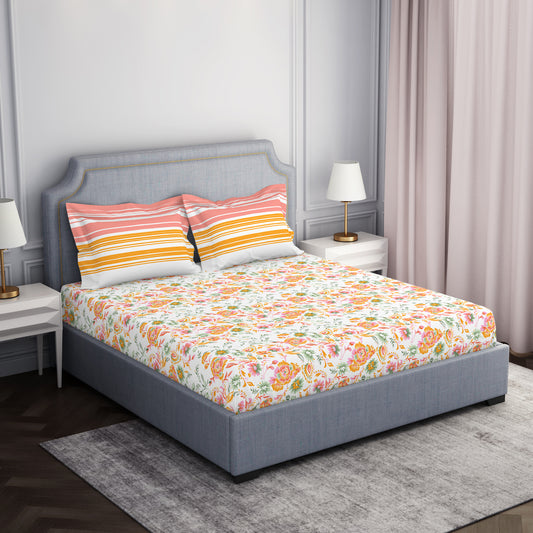 Floral Coral 100% Cotton Double Bedsheet - Atrium By Spaces