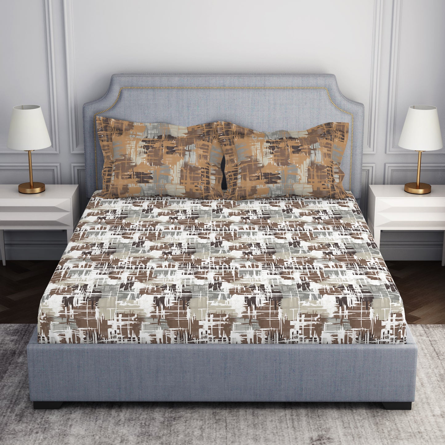 Geometric Dark Brown 100% Cotton Double Bedsheet by Atrium