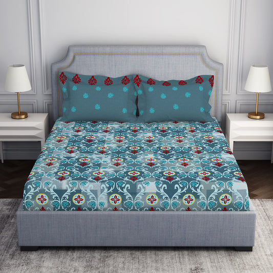 Ornate Blue 100% Cotton Double Bedsheet - Atrium By Spaces