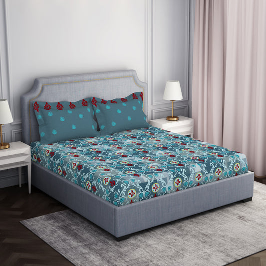 Ornate Blue 100% Cotton Double Bedsheet - Atrium By Spaces