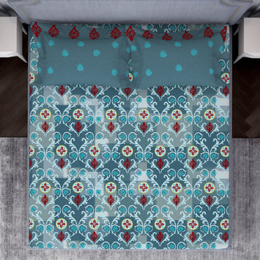 Ornate Blue 100% Cotton Double Bedsheet by Atrium