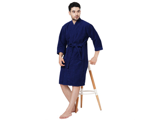 Navy Blue-Dark Blue  100% Cotton Bath Robe - Welspun Dew By Welspun