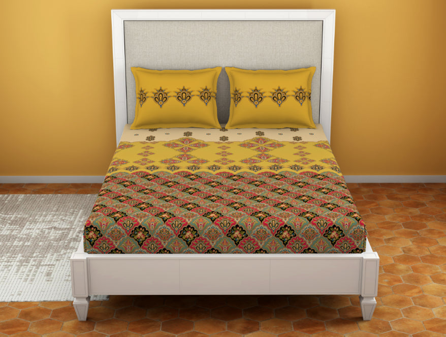 Ornate Mineral Yellow - Yellow 100% Cotton King Size Bedsheet - Estaa By Spaces