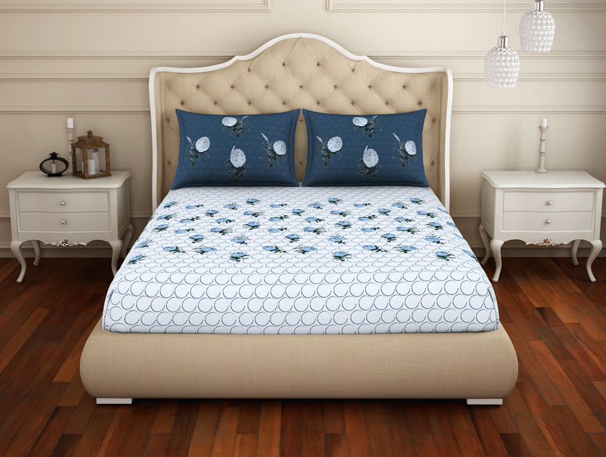 Floral Ice Water - Light Blue 100% Cotton King Size Bedsheet - Adonia(Anti Bacterial) By Spaces