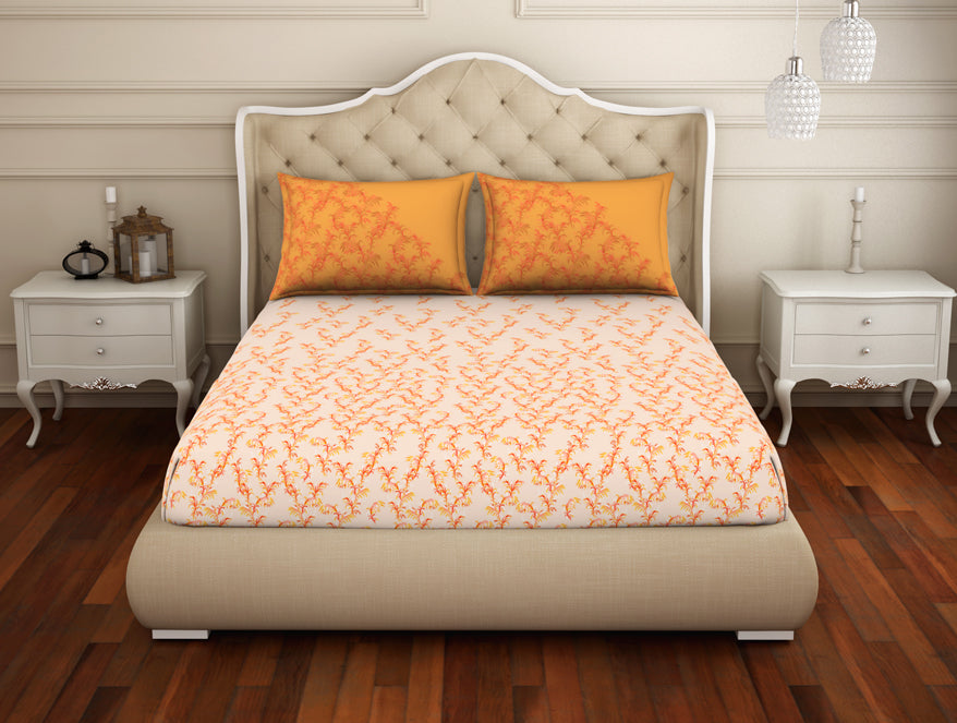 Floral Exotic Orange - Dark Orange 100% Cotton King Size Bedsheet - Adonia(Anti Bacterial) By Spaces