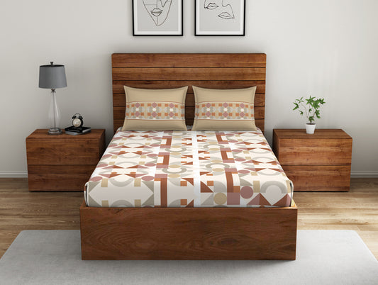 Geometric Pecan Brown - Light Brown 100% Cotton Double Bedsheet - Color Block By Spaces