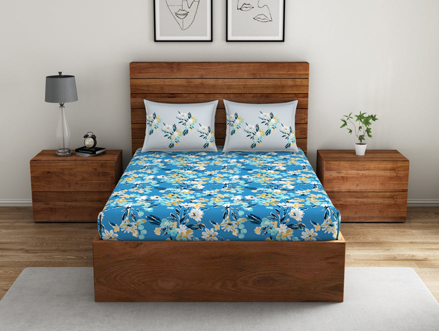 Floral Azure Blue - Blue 100% Cotton Double Bedsheet - Boho Florals By Spaces