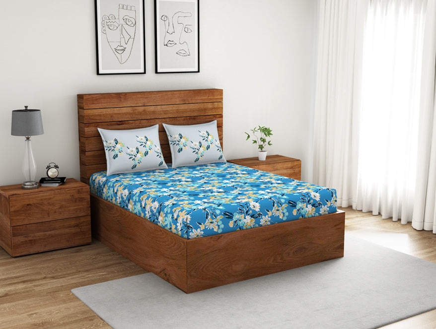 Product Color:blue Floral Azure Blue - Blue 100% Cotton Double Bedsheet - Boho Florals By