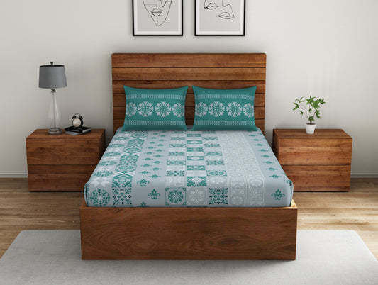 Geometric Meadowbrook - Aqua 100% Cotton Double Bedsheet - Morroccan By Spaces