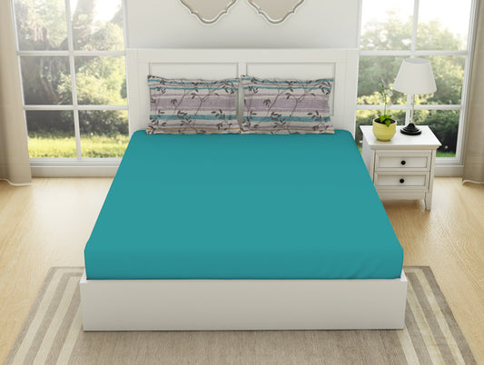 Solid Teal/Brintwhte - Teal 100% Cotton King Size Bedsheet - Gypsy By Spaces