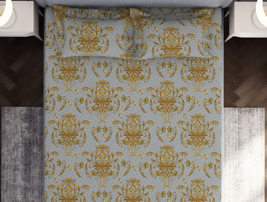 Floral Glacier Grey - Grey Microfiber Double Bedsheet - Adore By Welspun