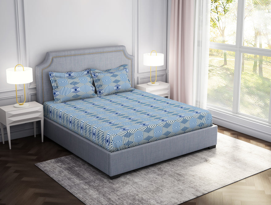 Geometric High Tide - Dark Blue Microfiber Double Bedsheet - Adore By Welspun
