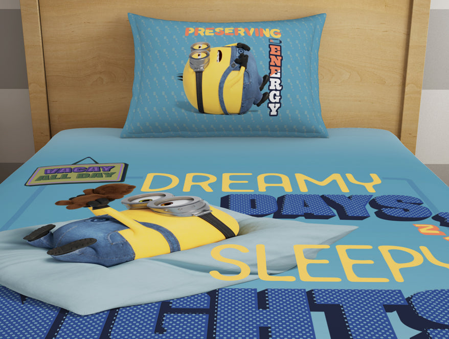 Character Ice Blue - Light Blue 100% Cotton Single Bedsheet - Universal Lazy Days Minions By Spaces