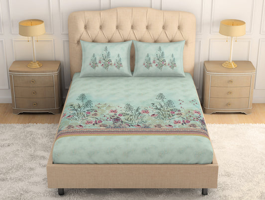 Floral Clearly Aqua - Light Aqua 100% Cotton King Size Bedsheet - Romantica By Spaces