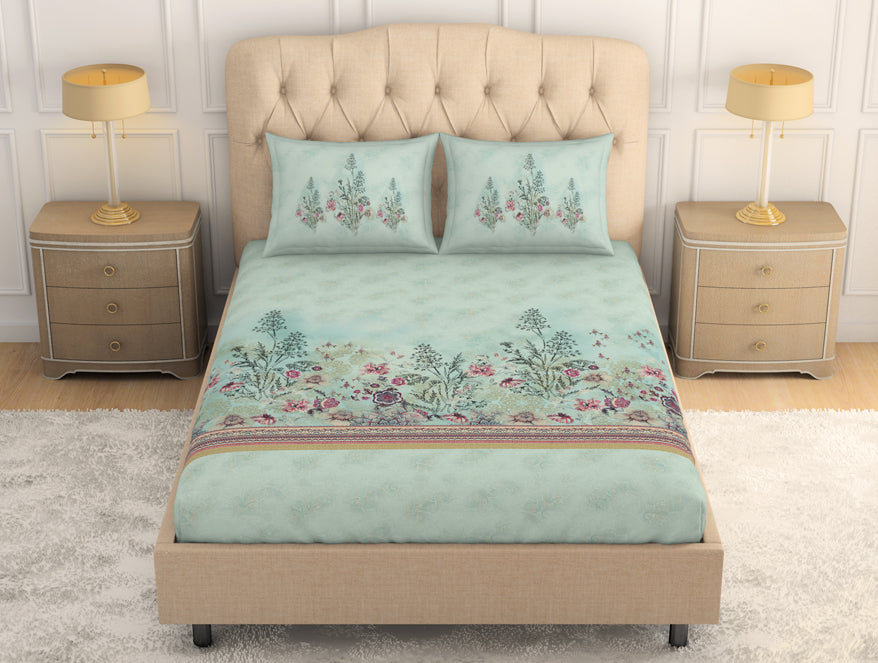 Floral Clearly Aqua - Light Aqua 100% Cotton King Size Bedsheet - Romantica By Spaces