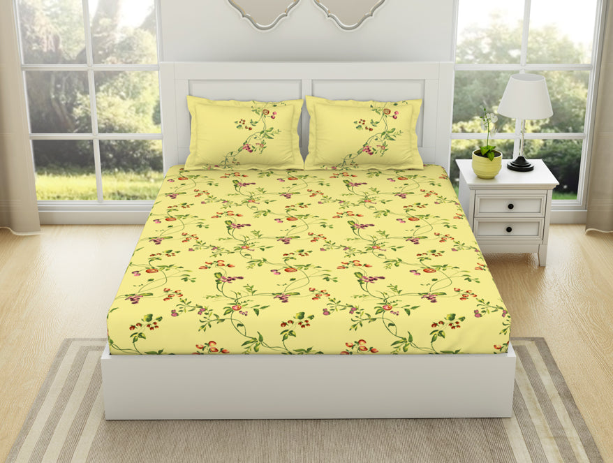 Floral Yellow Pear - Yellow 100% Cotton King Size Bedsheet - Lattice By Spaces