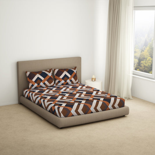 Geometric Brown Microfiber Double Bedsheet - Bliss By Welspun