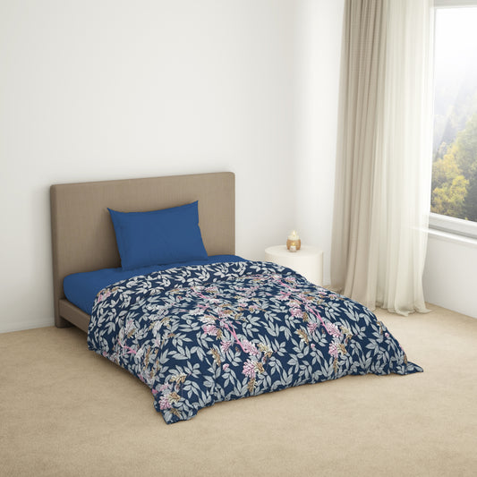 Floral Lichen Blue - Blue Microfiber Shell Single Quilt / AC Comforter - Bliss By Welspun