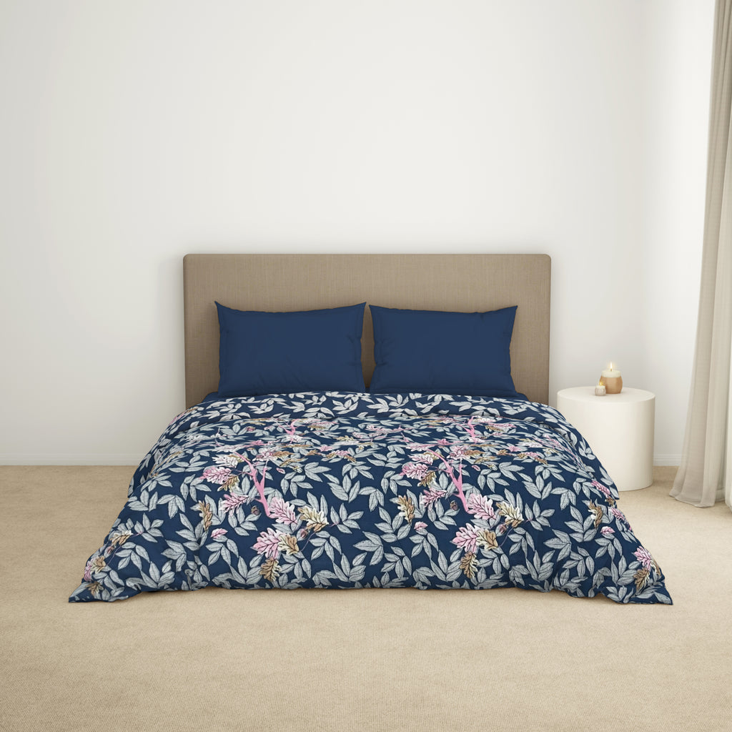 Floral Lichen Blue - Blue Microfiber Shell Double Quilt / AC Comforter - Bliss By Welspun