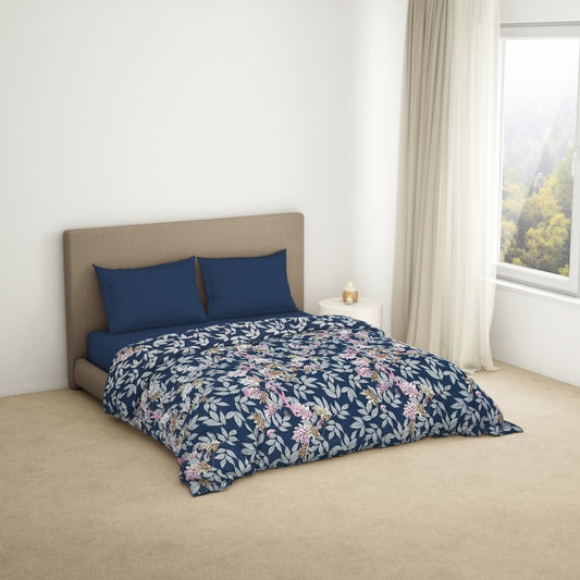 Floral Lichen Blue - Blue Microfiber Shell Double Quilt / AC Comforter - Bliss By Welspun