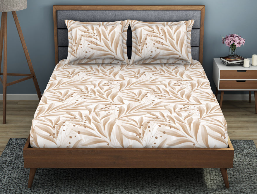 Floral Ginger Root - Light Brown Polycotton King Size Bedsheet - Wonder Full By Welspun