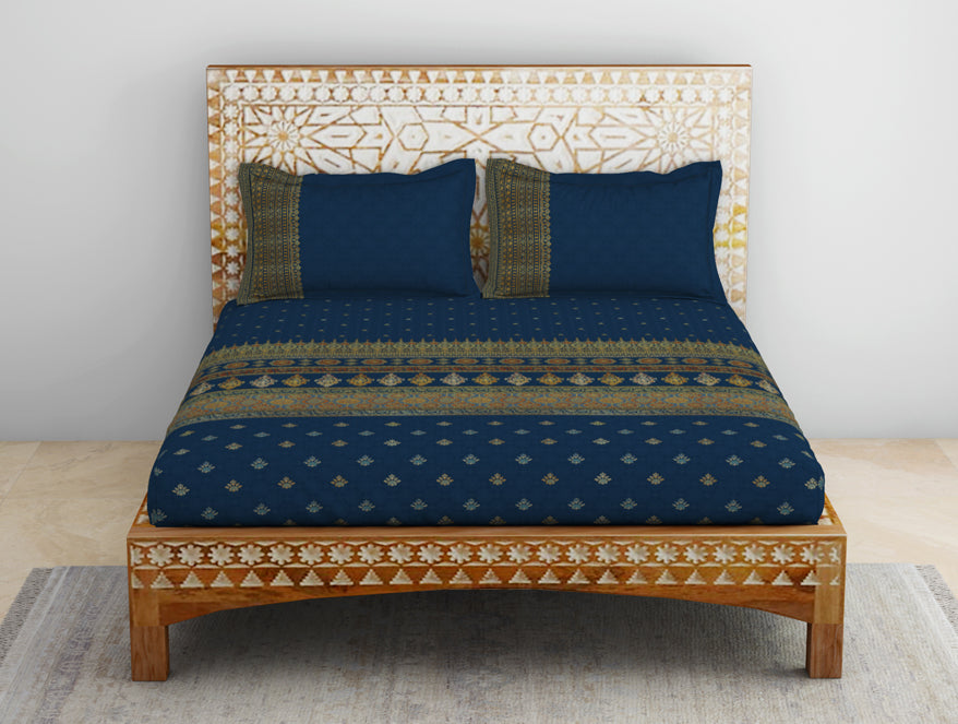 Godna Ornate Dark Blue 100% Cotton King Size Bedsheet - Rangana by Spaces