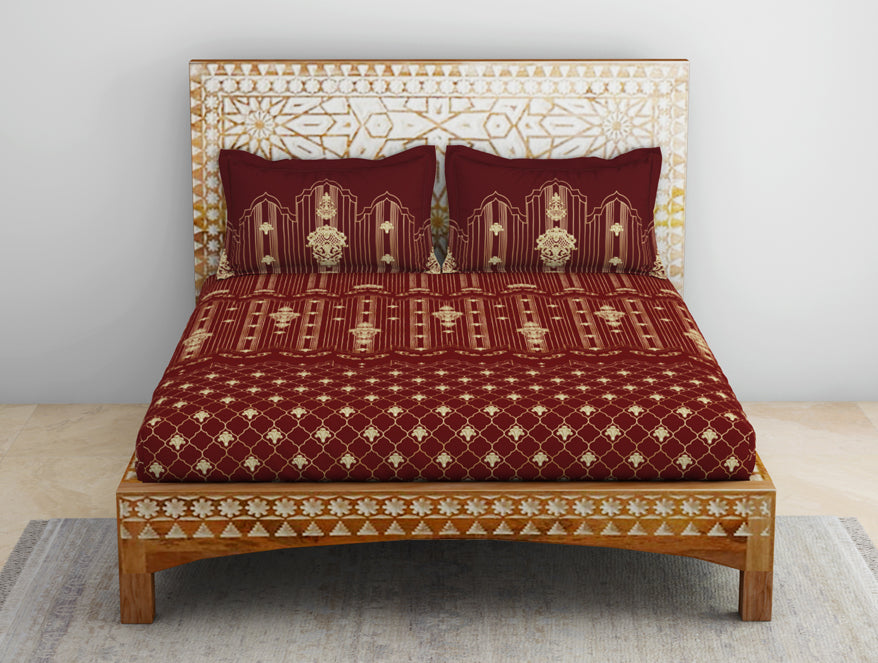 Carving Ornate Red 100% Cotton King Size Bedsheet - Rangana by Spaces