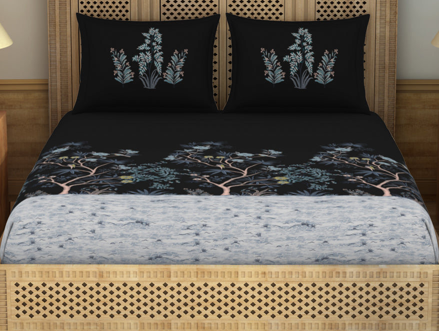 Gara Floral Dark Grey 100% Cotton King Size Bedsheet - Rangana by Spaces