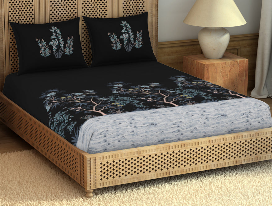 Gara Floral Dark Grey 100% Cotton King Size Bedsheet - Rangana by Spaces