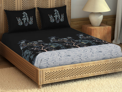 Gara Floral Dark Grey 100% Cotton King Size Bedsheet - Rangana by Spaces
