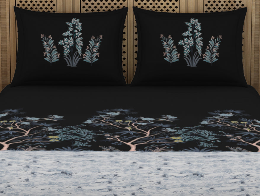 Gara Floral Dark Grey 100% Cotton King Size Bedsheet - Rangana by Spaces