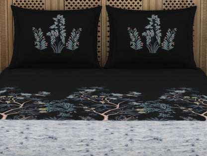 Gara Floral Dark Grey 100% Cotton King Size Bedsheet - Rangana by Spaces