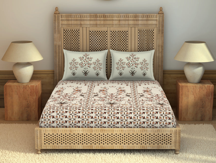 Carving Ornate Beige 100% Cotton King Size Bedsheet - Rangana by Spaces