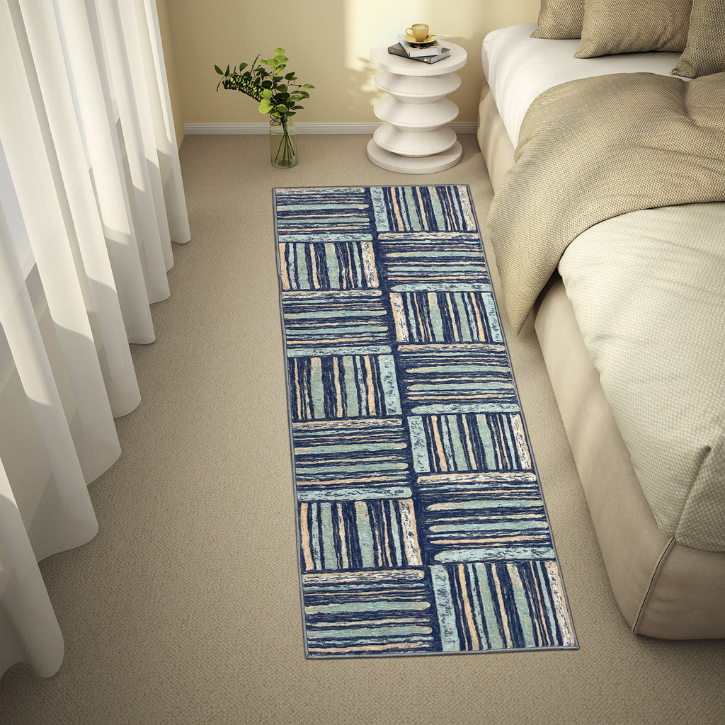 Geometric Blue Polyester Runner - Wonderfull Carpet By Welspun