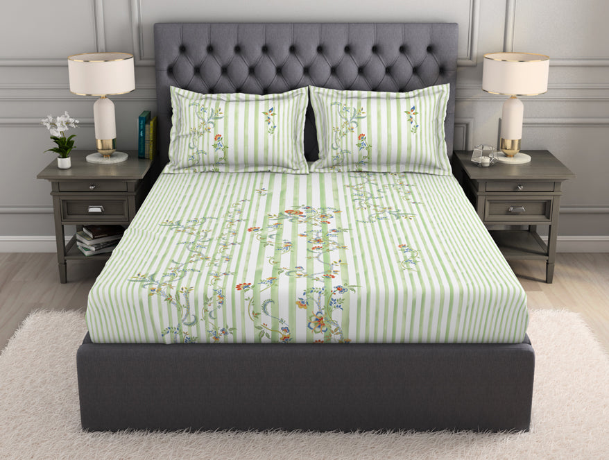 Floral Light Green 100% Cotton King Size Bedsheet Organic Cotton - By Spaces