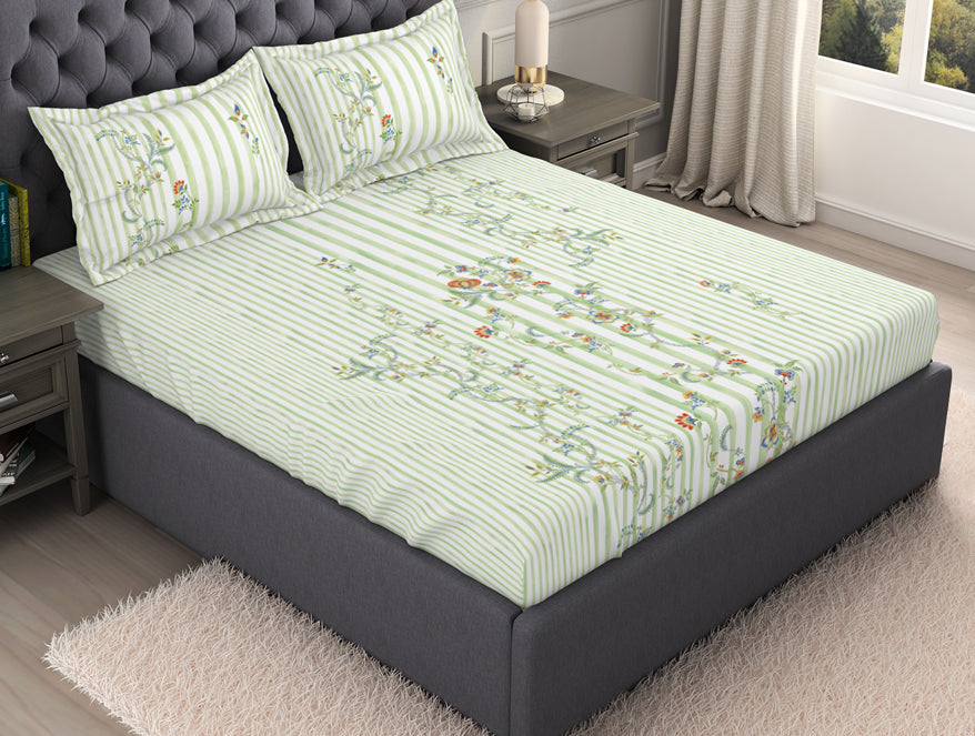 Floral Light Green 100% Cotton King Size Bedsheet Organic Cotton - By Spaces