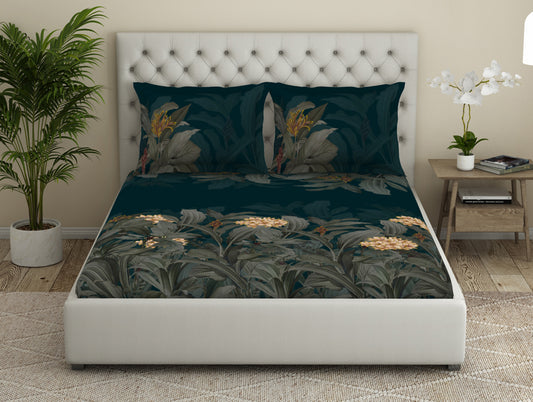 Floral Dark Teal 100% Cotton King Size Bedsheet Elegance - By Elegance